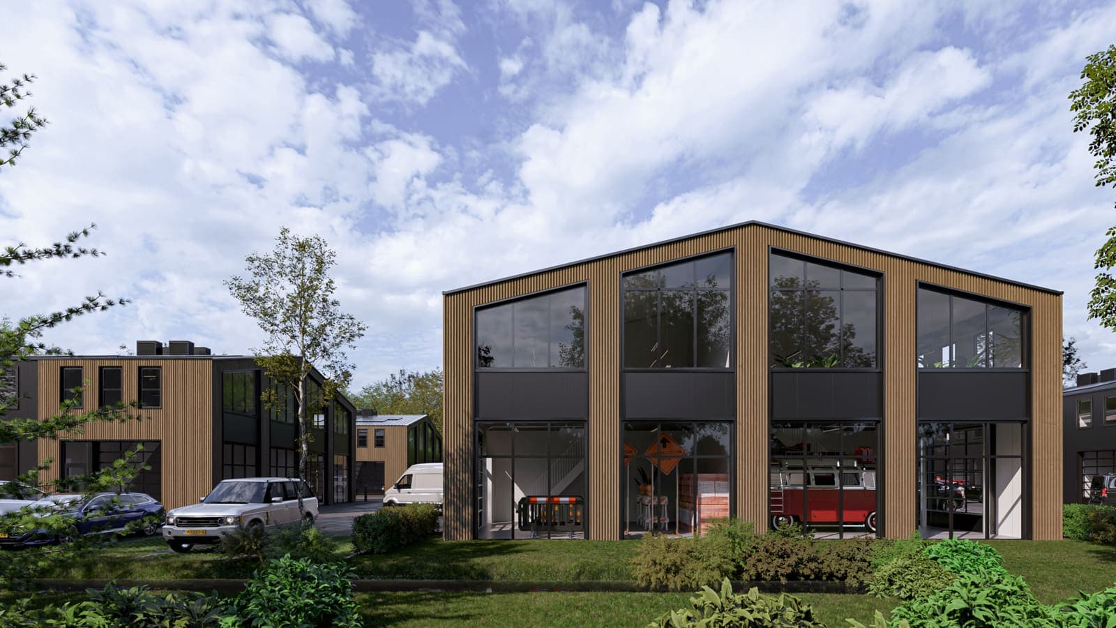 Visualisatie van bedrijfsunits met houten gevel op Businesspark Soest