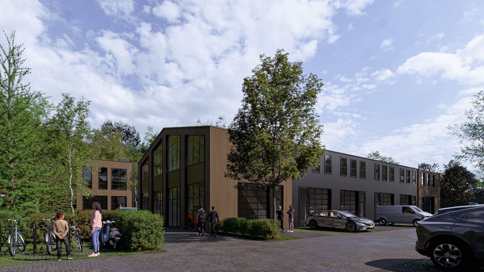 Visualisatie van een bedrijfsverzamelgebouw van Businesspark Soest met houten gevel