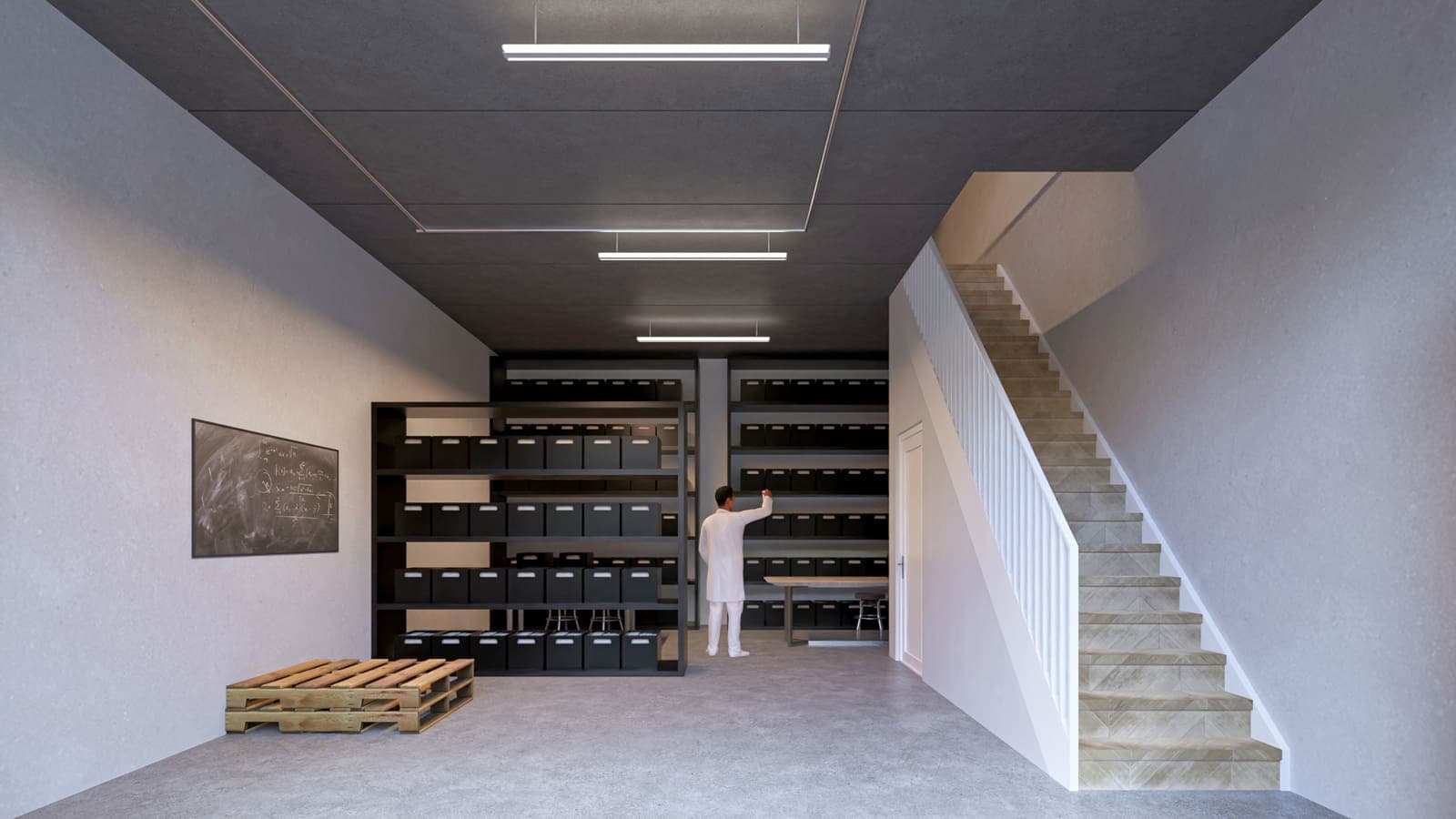 Impressie van een bedrijfsruimte met stellingen en trap, Businesspark Soest