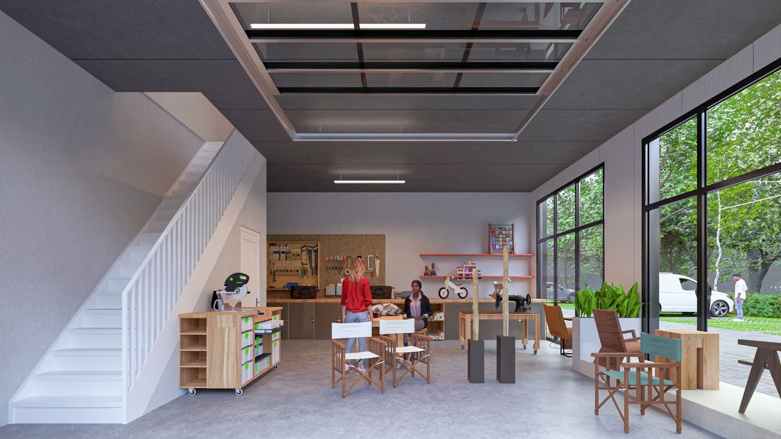 Visualisatie van een ruime bedrijfsunit met trap en glazen pui op Businesspark Soest