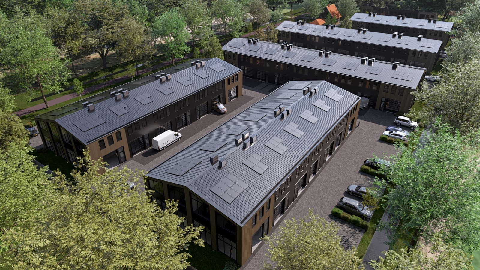 Luchtbeeld van nieuwe bedrijfsunits tussen het groen, voor Businesspark Soest