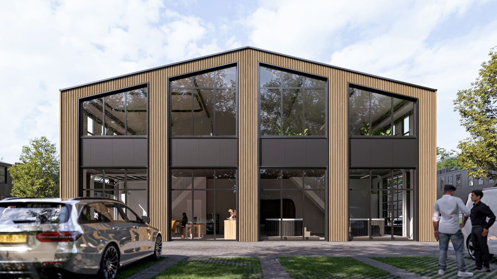 Impressie van een bedrijfspand met houten gevel en grote ramen, Businesspark Soest