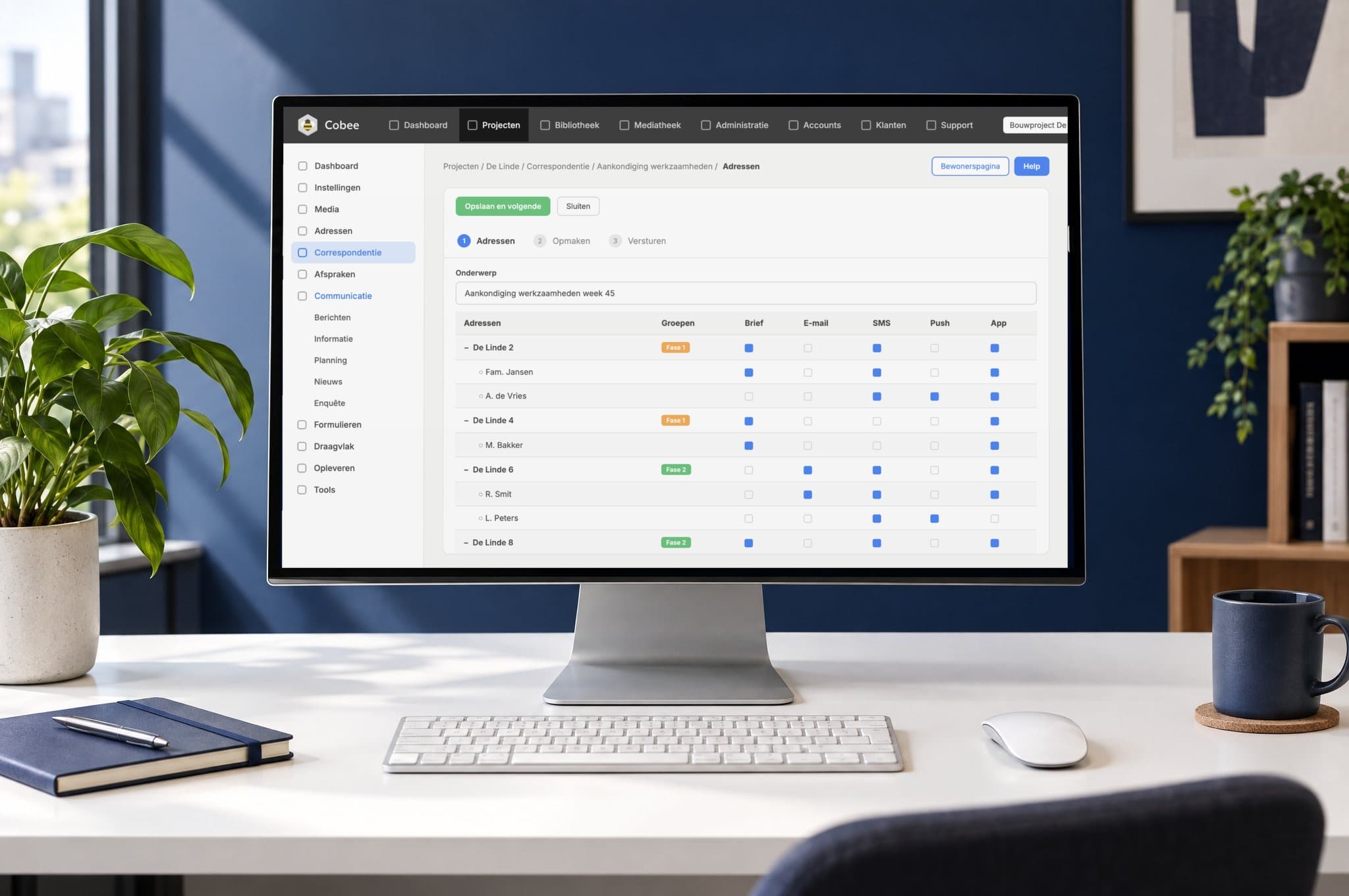 Correspondentie in Cobee: per adres kiezen tussen brief, e-mail, sms, push en app