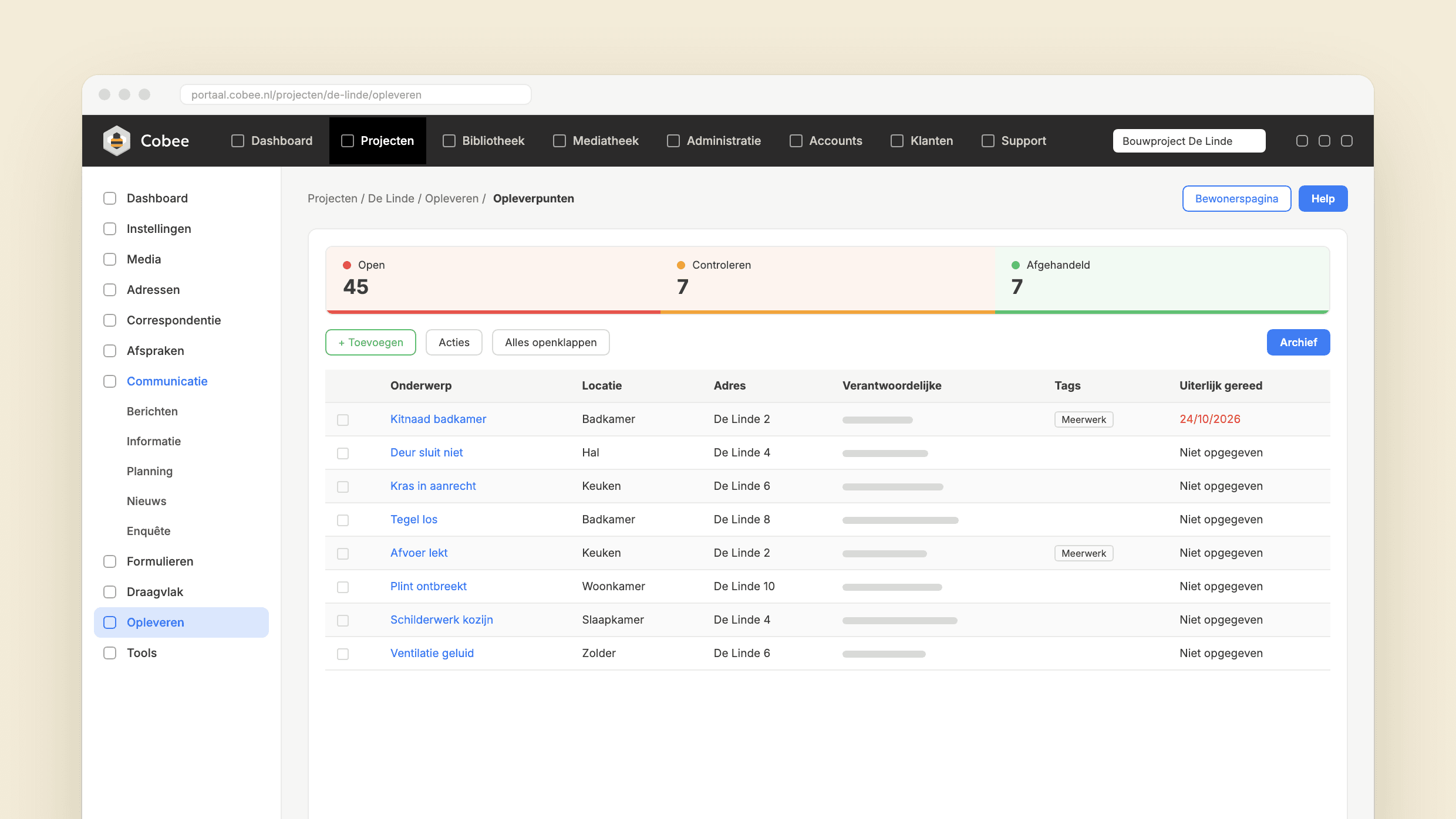 Opleverpunten in Cobee met de status open, controleren en afgehandeld