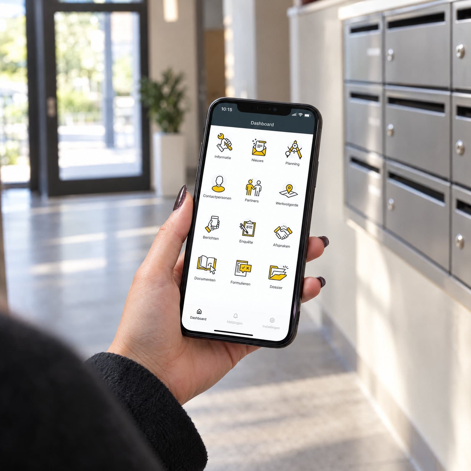 Bewoner met de Cobee-app in de hal bij de brievenbussen