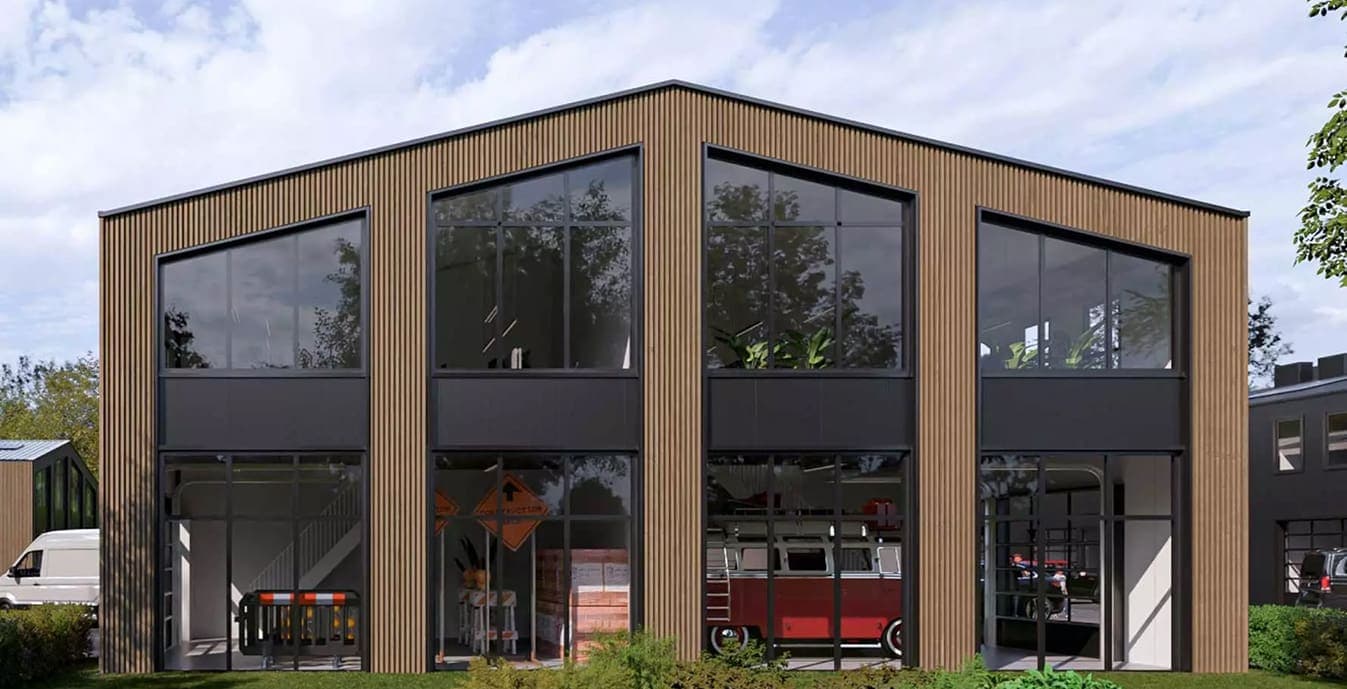 Impressie van een hoekunit met houten gevel en grote ramen, voor Businesspark Soest