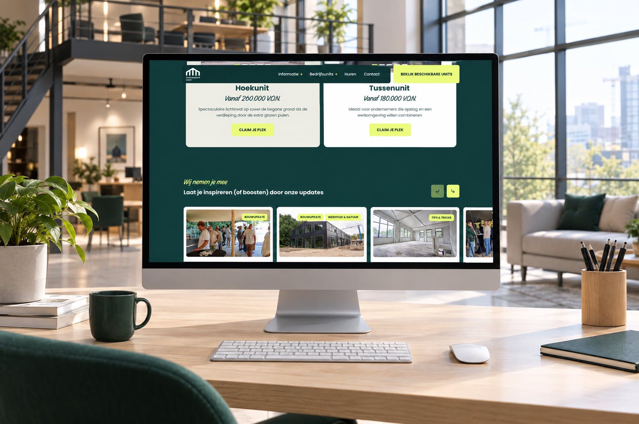 Voorbeeldmockup Businesspark Soest - website op desktopmonitor