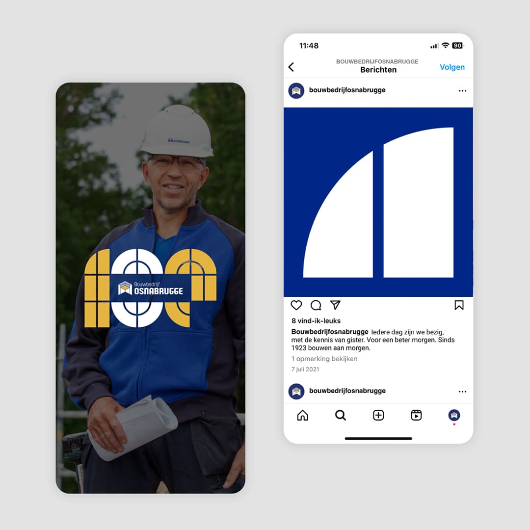 Social media voor Bouwbedrijf Osnabrugge met jubileumlogo 100 jaar en Instagram-profiel