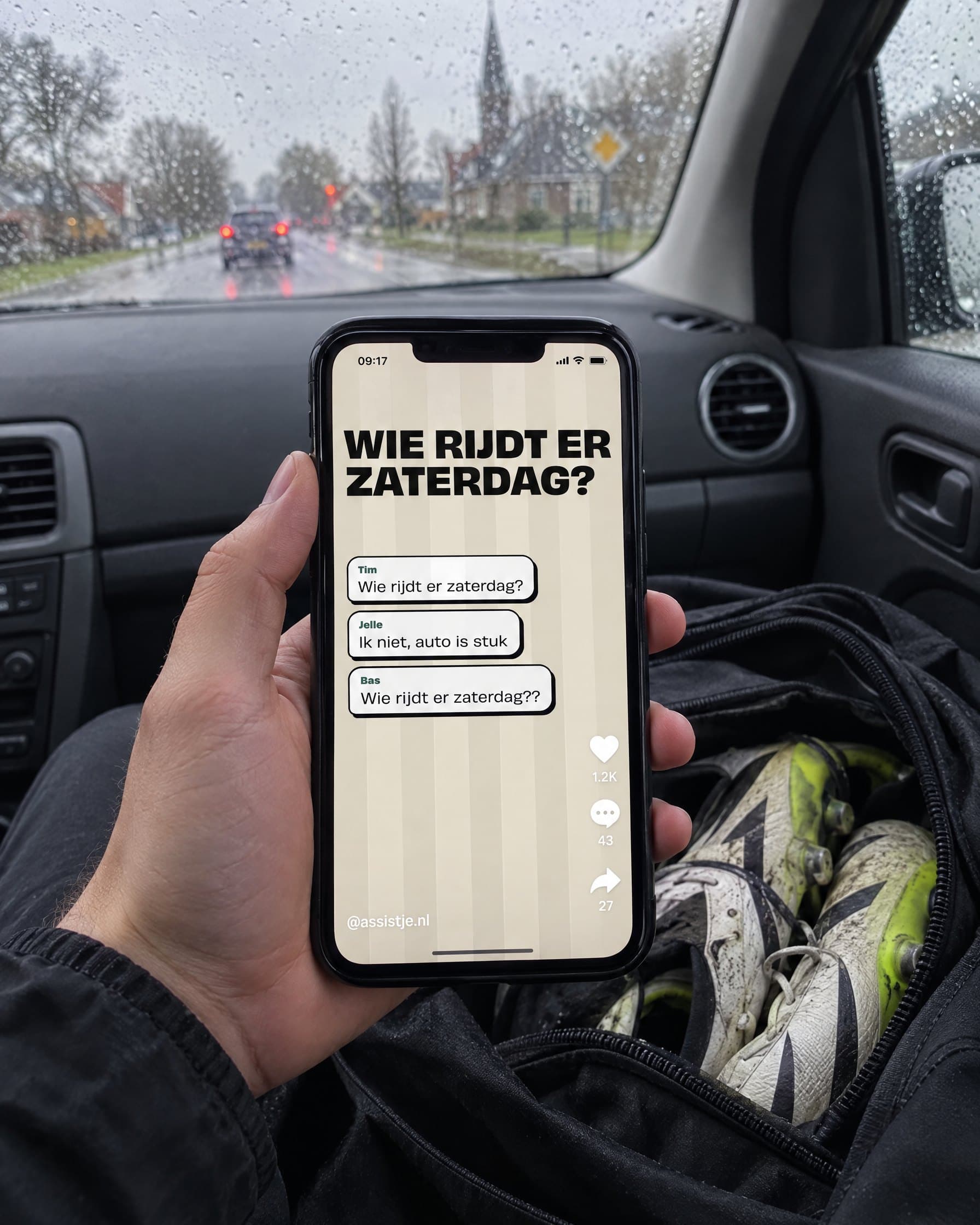 Onderweg naar een uitwedstrijd: de Assistje-video Wie rijdt er zaterdag op TikTok
