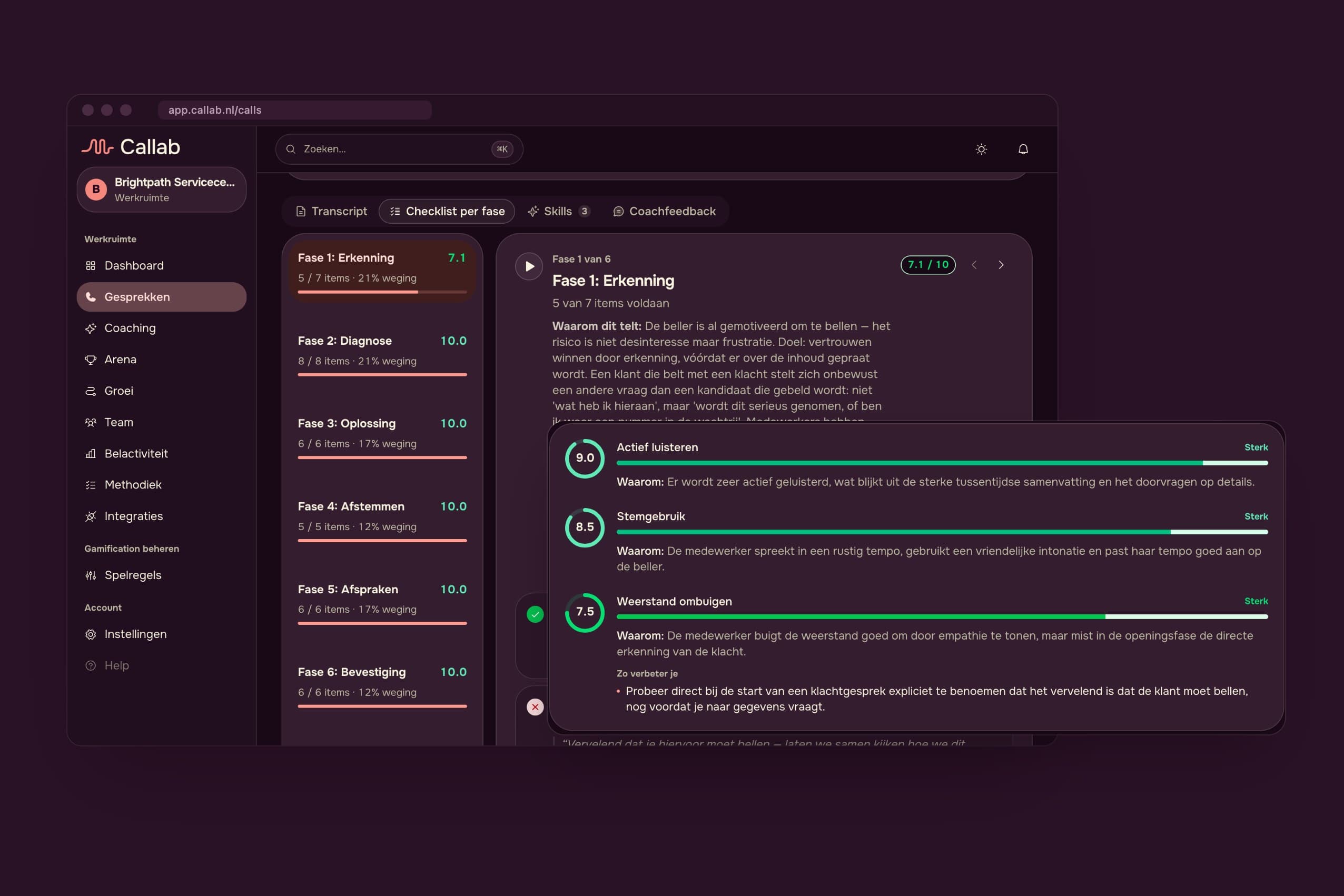 Callab-dashboard: checklist per gespreksfase en skill-scores met concrete verbeterpunten