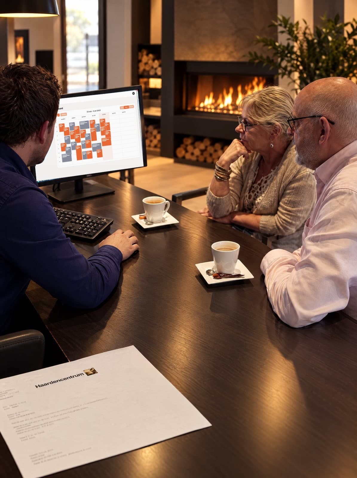 Weekagenda van het onderhoudsportaal tijdens een gesprek in de showroom