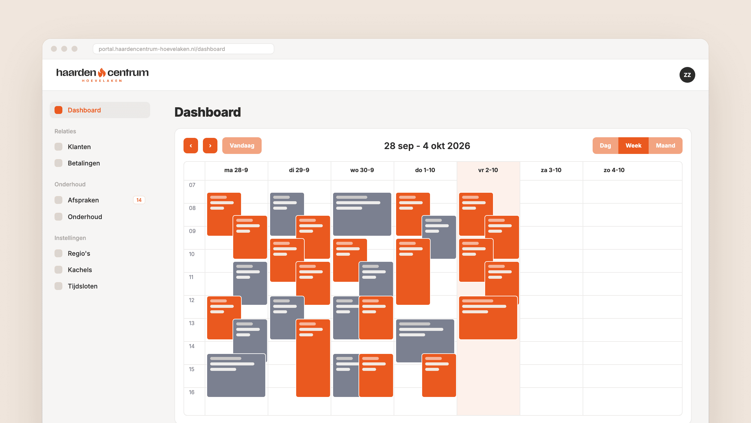 Dashboard met de weekagenda van alle onderhoudsafspraken