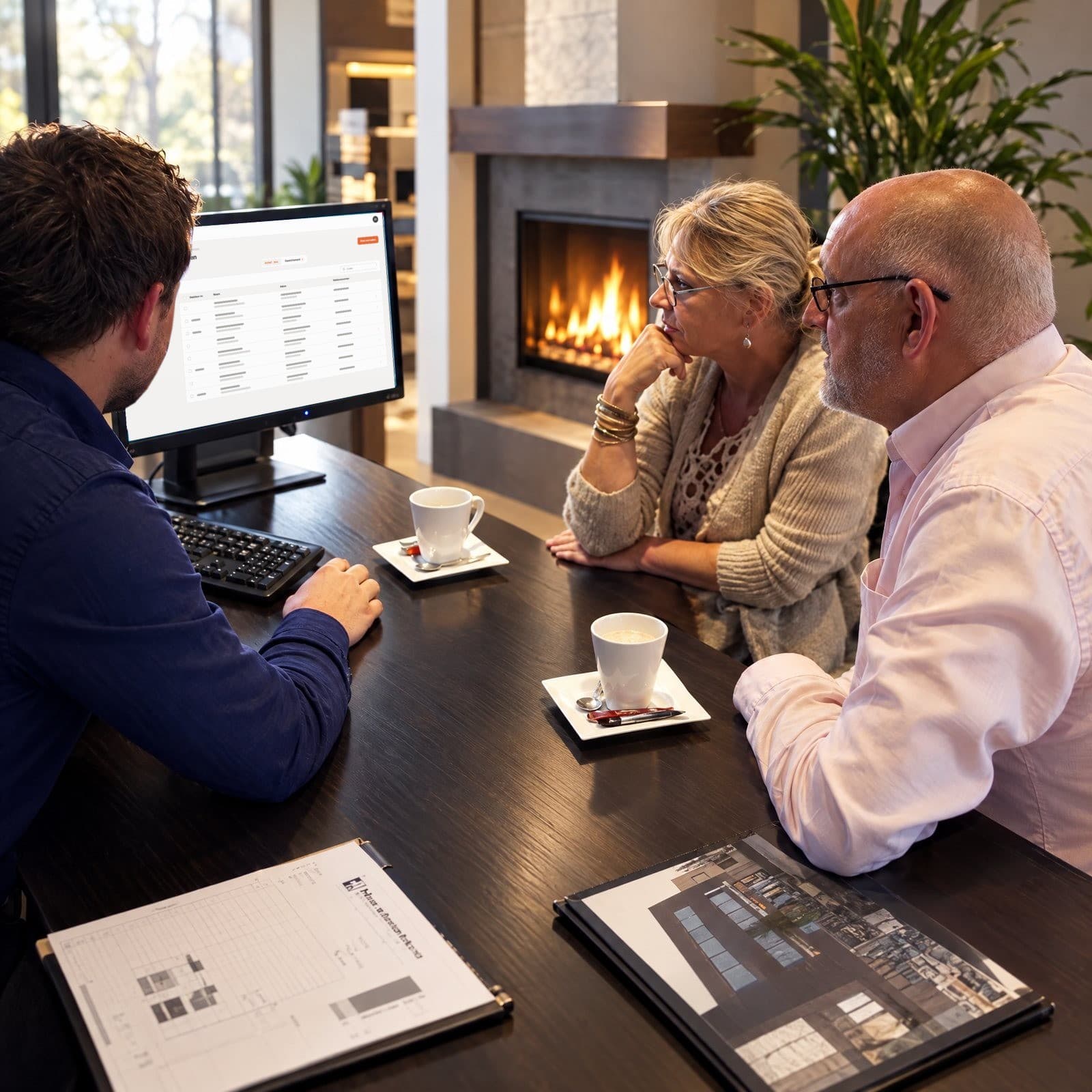 Klantenlijst van het onderhoudsportaal op een monitor in de showroom van Haardencentrum Hoevelaken