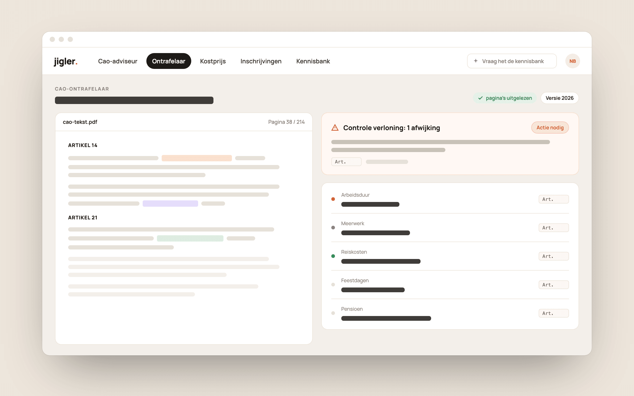 Cao-ontrafelaar in de applicatie van Jigler in een browservenster