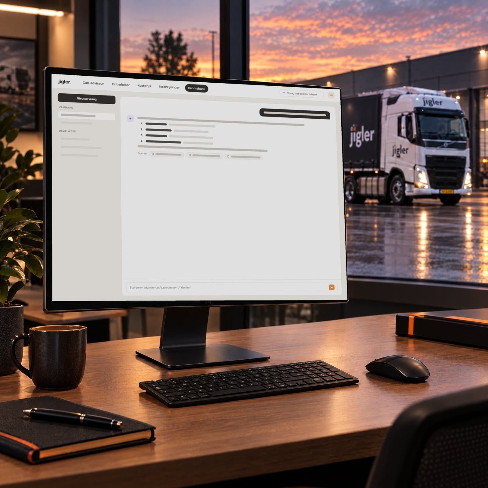 De kennisbank van het Jigler-platform op een monitor in het kantoor