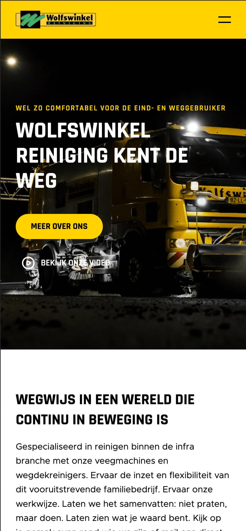 Mobiele website van Wolfswinkel Reiniging met kop 'Wolfswinkel Reiniging kent de weg'
