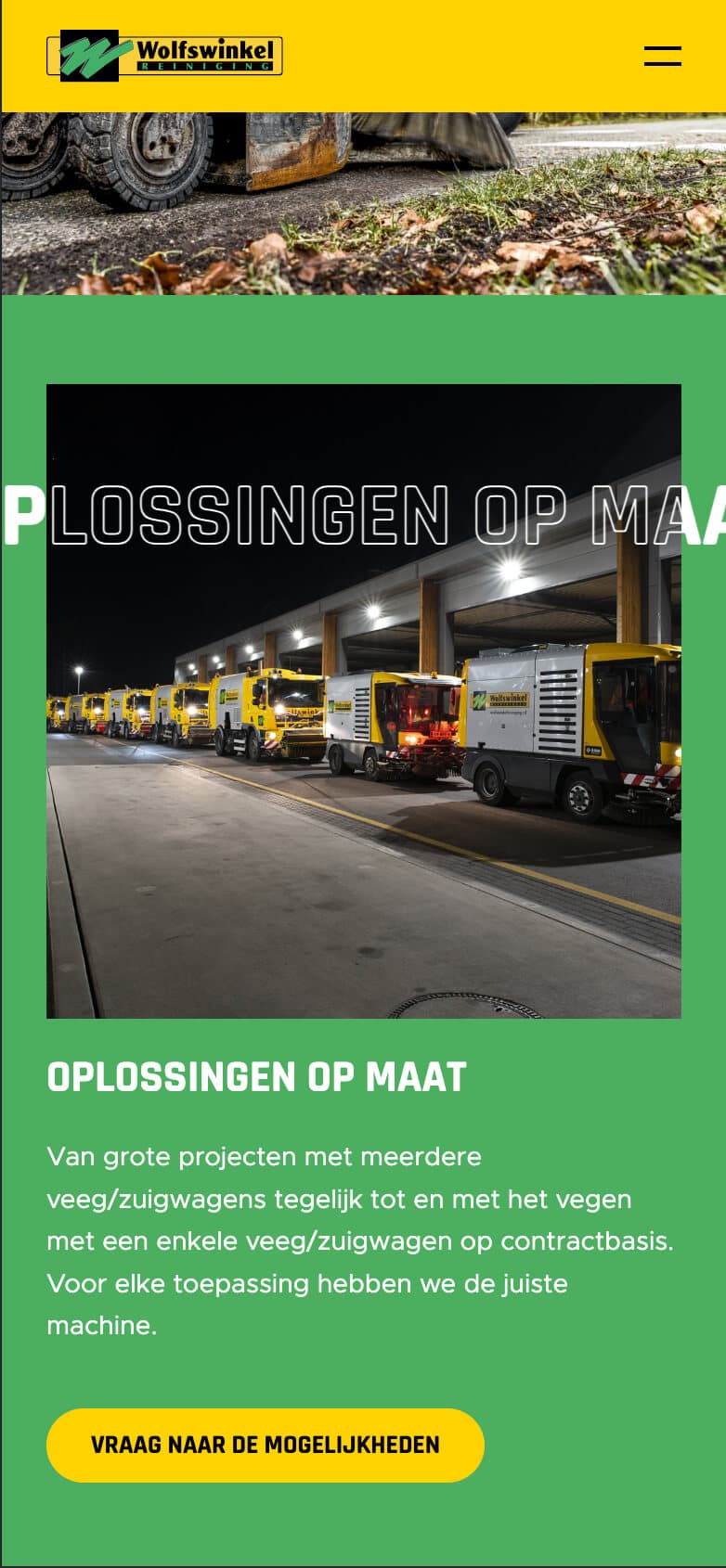Mobiele website van Wolfswinkel Reiniging met veegwagens en de kop 'Oplossingen op maat'