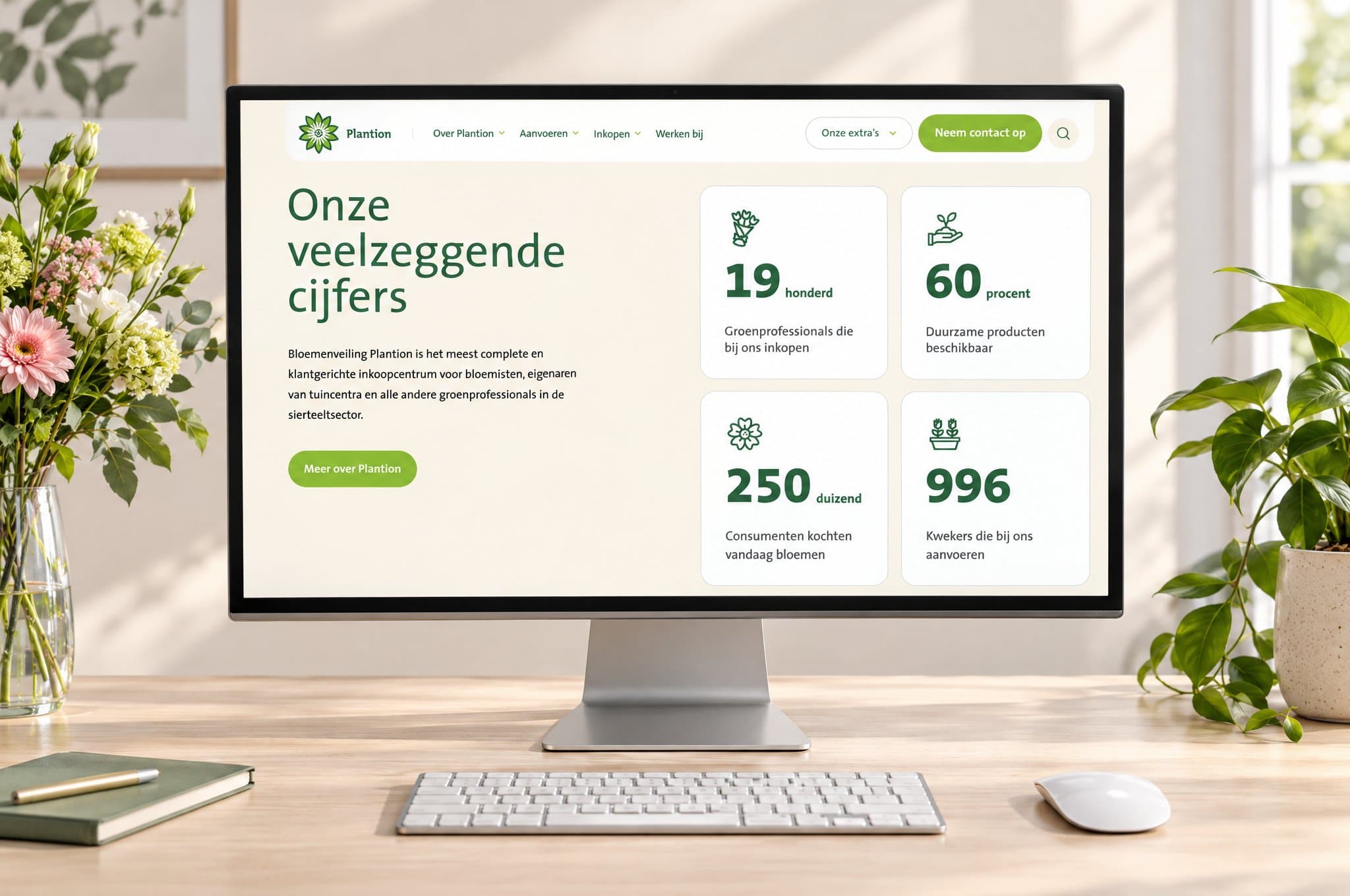 Voorbeeldmockup Plantion - website op desktopmonitor