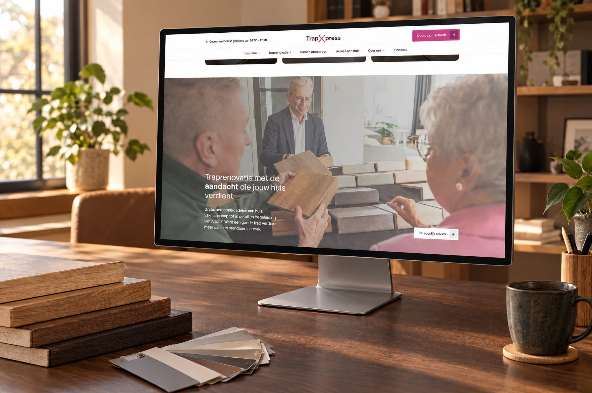 Voorbeeldmockup TrapXpress - website op desktopmonitor