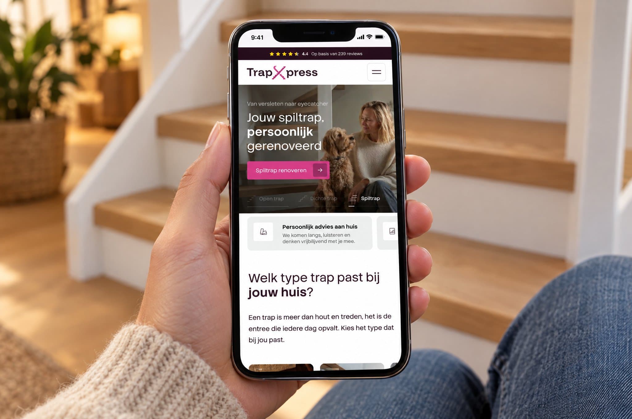 Voorbeeldmockup TrapXpress - mobiele website op smartphone
