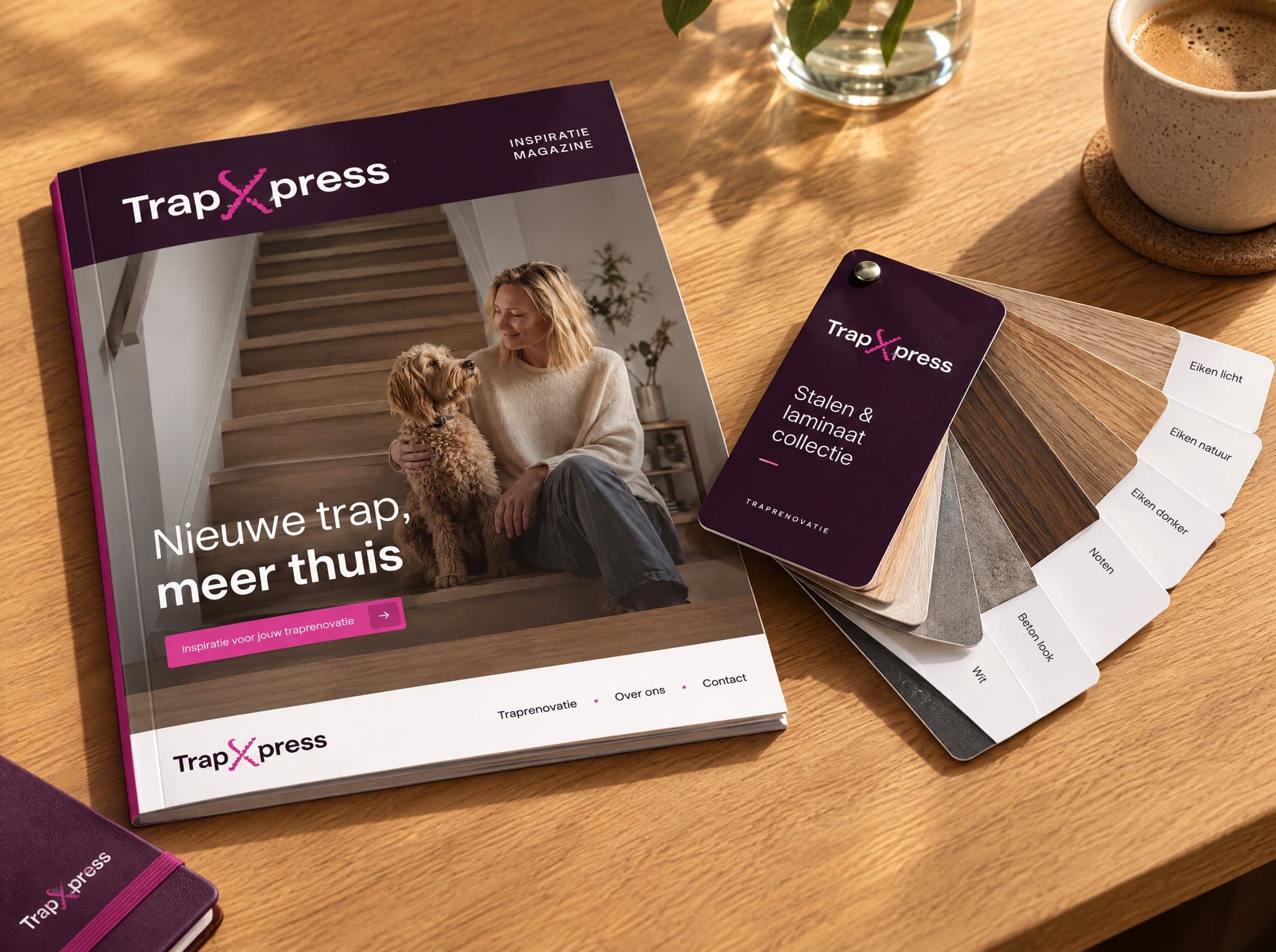 Voorbeeldmockup TrapXpress - drukwerk in huisstijl